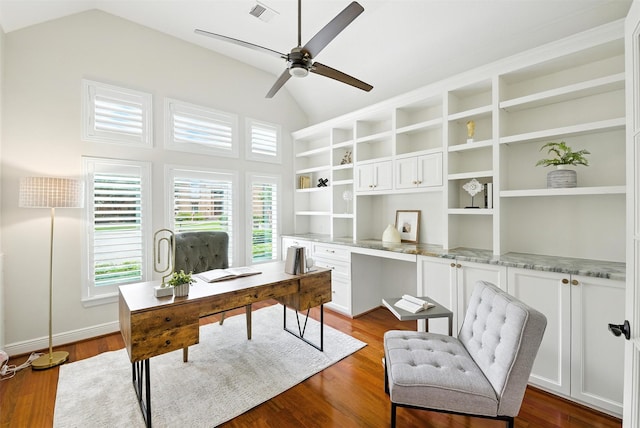 1211 Villmont Ln, Houston, TX 77077 - office area featuring lofted ceiling, a ceiling fan, and dark wood-type flooring