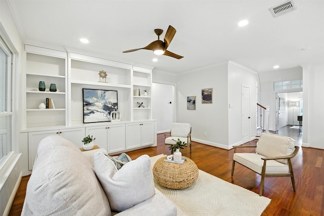 1211 Villmont Ln, Houston, TX 77077 - living area featuring dark wood-style flooring, a ceiling fan, recessed lighting, crown molding, and stairway