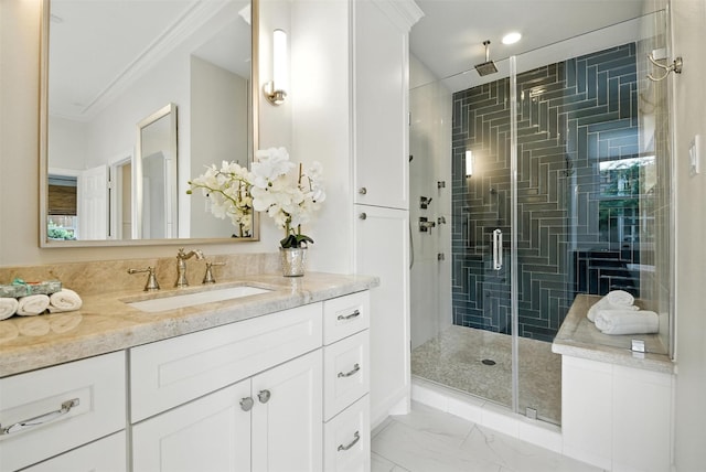 1211 Villmont Ln, Houston, TX 77077 - bathroom featuring a stall shower, vanity, marble look tile flooring, and ornamental molding