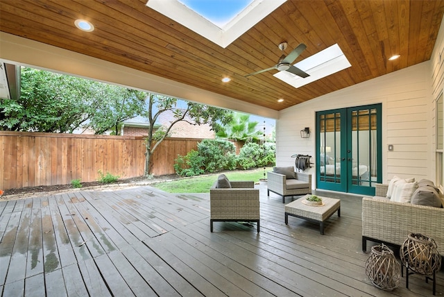 1211 Villmont Ln, Houston, TX 77077 - wooden deck with french doors, a fenced backyard, outdoor lounge area, and a ceiling fan
