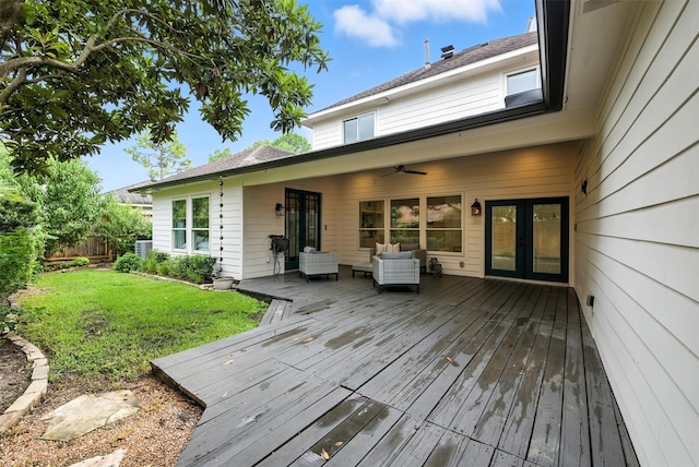 1211 Villmont Ln, Houston, TX 77077 - deck with french doors, an outdoor hangout area, and ceiling fan