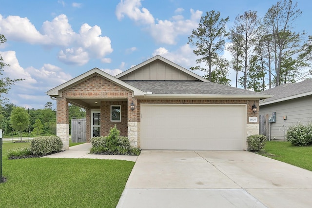 18529 Meadow Point Ln, Montgomery, TX 77316 - ranch-style home with board and batten siding, concrete driveway, a front lawn, and brick siding