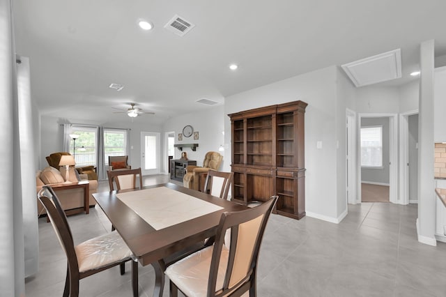 18529 Meadow Point Ln, Montgomery, TX 77316 - dining room with attic access, a ceiling fan, recessed lighting, and light tile patterned flooring
