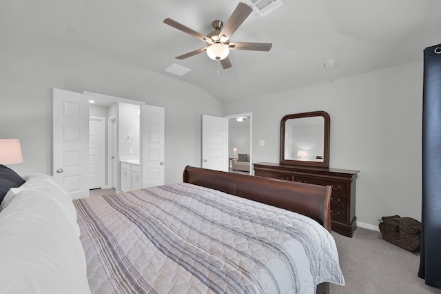 18529 Meadow Point Ln, Montgomery, TX 77316 - bedroom with carpet, lofted ceiling, ceiling fan, and connected bathroom
