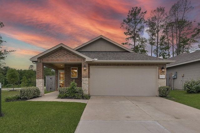 18529 Meadow Point Ln, Montgomery, TX 77316 - ranch-style home with brick siding, driveway, board and batten siding, and an attached garage