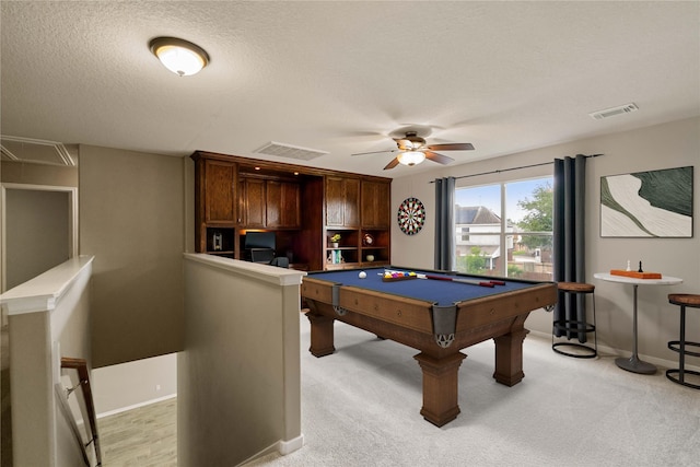 12106 Hawthorne Hill Cir, Humble, TX 77346 - rec room featuring ceiling fan, a textured ceiling, light carpet, billiards, and attic access