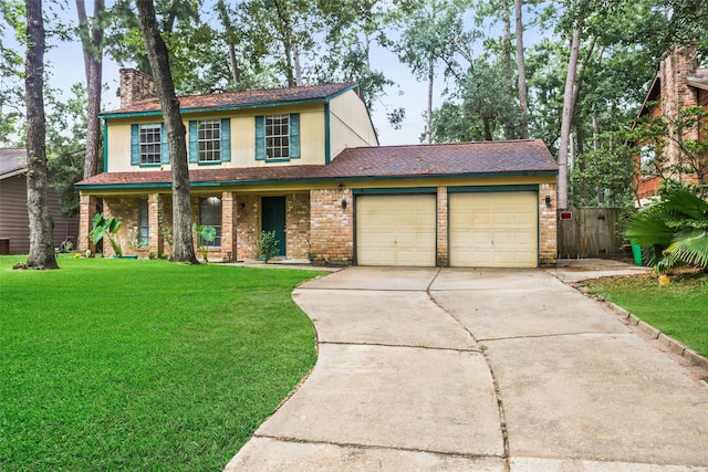 2151 Middle Creek Dr, Houston, TX 77339 - traditional home featuring a porch, a chimney, a garage, brick siding, and driveway