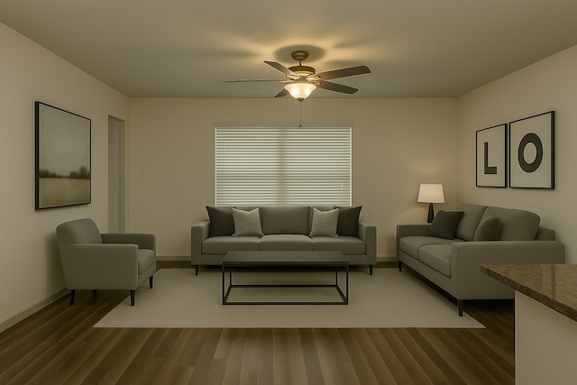 13406 Pine Tree Forest Trl, Houston, TX 77049 - living room featuring dark wood-style floors and a ceiling fan