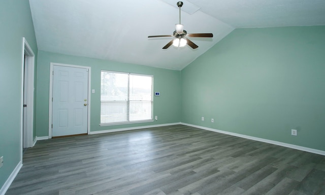 22635 River Birch Dr, Tomball, TX 77375 - empty room featuring vaulted ceiling, a ceiling fan, and wood finished floors