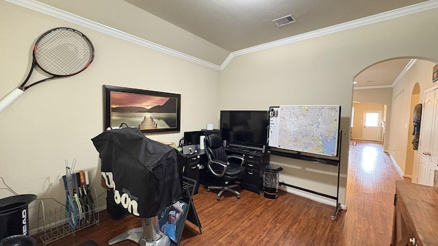 20530 Keegans Ledge Ln, Cypress, TX 77433 - office space featuring wood finished floors, arched walkways, and crown molding