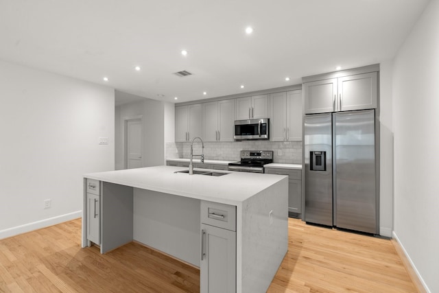 2409 Dryden Rd, Houston, TX 77030 - kitchen with stainless steel appliances, gray cabinetry, a kitchen island with sink, decorative backsplash, and recessed lighting
