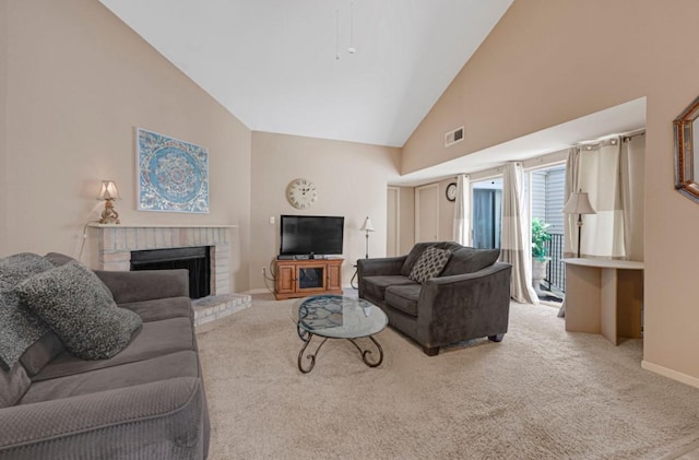 9809 Richmond Ave Unit 8, Houston, TX 77042 - living area featuring carpet, high vaulted ceiling, and a brick fireplace