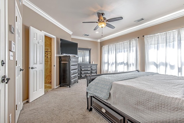 2315 Huldy St, Houston, TX 77019 - bedroom featuring crown molding, light colored carpet, and a ceiling fan