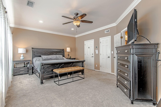 2315 Huldy St, Houston, TX 77019 - bedroom with light carpet, crown molding, a ceiling fan, and recessed lighting