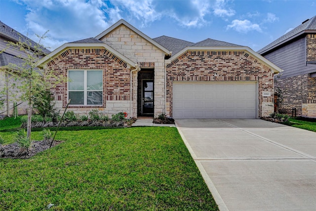 3368 Voda Bend Dr, Katy, TX 77493 - view of front of property with brick siding, an attached garage, driveway, a front lawn, and a shingled roof