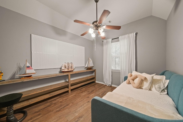 3803 Caleb Ln, Missouri City, TX 77459 - bedroom with vaulted ceiling, wood finished floors, and a ceiling fan