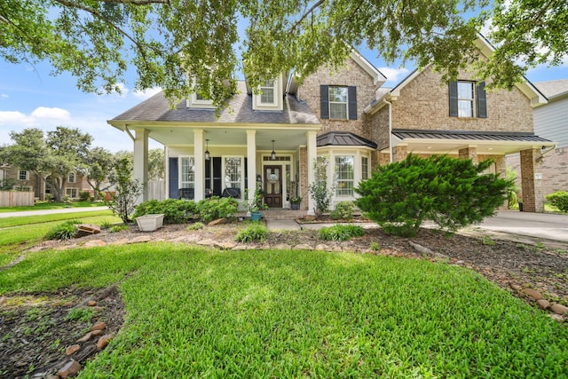 3803 Caleb Ln, Missouri City, TX 77459 - view of front facade with a porch, a front yard, and a standing seam roof