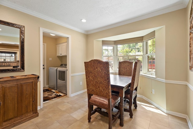 2101 Rocky Creek Ln, Pearland, TX 77581 - dining space featuring independent washer and dryer, crown molding, a textured ceiling, and recessed lighting