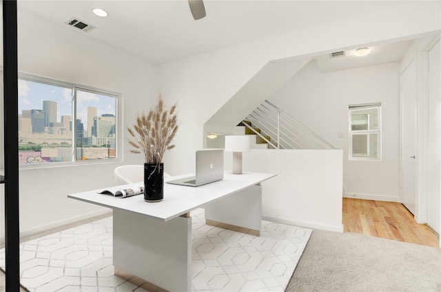 2232 Leeland St, Houston, TX 77003 - unfurnished office featuring ceiling fan, light colored carpet, and recessed lighting