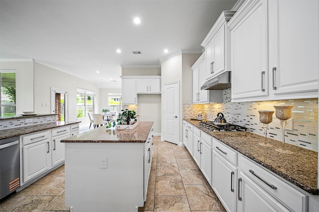27910 Wedgeoak Ct, Katy, TX 77494 - kitchen with appliances with stainless steel finishes, ornamental molding, under cabinet range hood, a kitchen island, and white cabinets