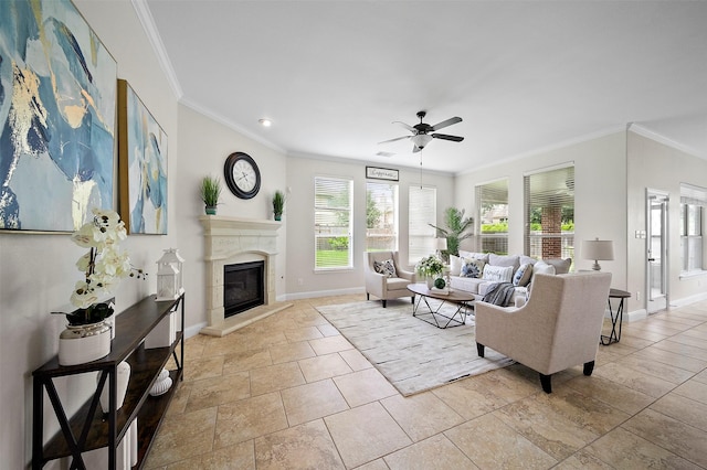 27910 Wedgeoak Ct, Katy, TX 77494 - living room featuring ceiling fan, crown molding, a premium fireplace, and recessed lighting