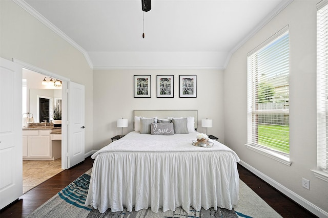 27910 Wedgeoak Ct, Katy, TX 77494 - bedroom featuring dark wood finished floors, crown molding, ensuite bath, and ceiling fan