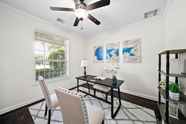 27910 Wedgeoak Ct, Katy, TX 77494 - office featuring crown molding, dark wood-style flooring, and a ceiling fan