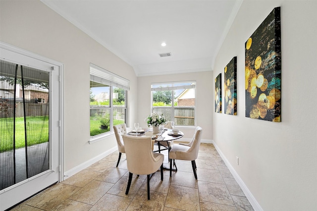 27910 Wedgeoak Ct, Katy, TX 77494 - dining space featuring stone tile flooring, ornamental molding, and recessed lighting