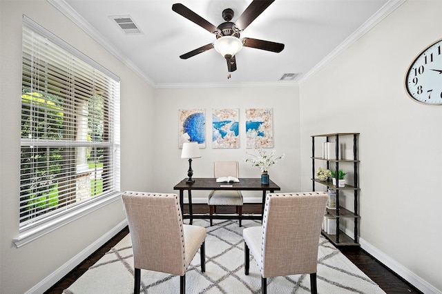 27910 Wedgeoak Ct, Katy, TX 77494 - office area with wood finished floors, a ceiling fan, and ornamental molding