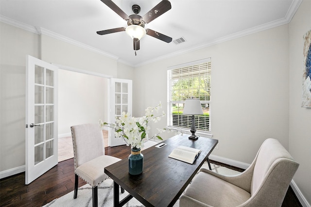 27910 Wedgeoak Ct, Katy, TX 77494 - office area with crown molding, hardwood / wood-style floors, a ceiling fan, and french doors