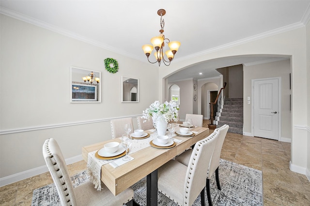 27910 Wedgeoak Ct, Katy, TX 77494 - dining area with a chandelier, arched walkways, ornamental molding, stairs, and light stone finish flooring