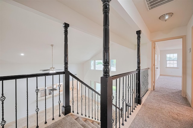 982 W Donovan St, Houston, TX 77091 - staircase featuring ceiling fan, carpet floors, and recessed lighting