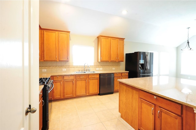 8022 Thorncroft Manor Ln, Richmond, TX 77407 - kitchen featuring stainless steel appliances, tasteful backsplash, vaulted ceiling, light stone countertops, and pendant lighting