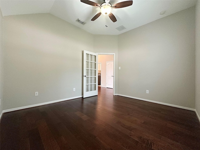 8022 Thorncroft Manor Ln, Richmond, TX 77407 - empty room with ceiling fan, dark wood-style floors, and lofted ceiling