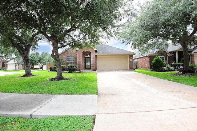 8022 Thorncroft Manor Ln, Richmond, TX 77407 - ranch-style home with brick siding, an attached garage, concrete driveway, and a front yard