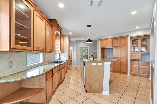 15510 Marble Canyon Way, Houston, TX 77044 - kitchen featuring open shelves, stainless steel gas cooktop, light tile patterned flooring, backsplash, and recessed lighting