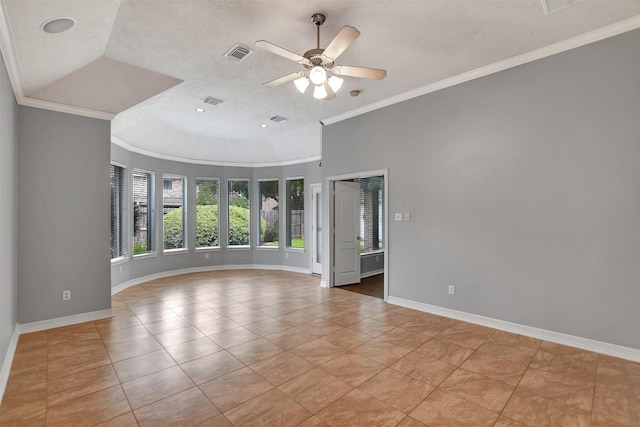 15510 Marble Canyon Way, Houston, TX 77044 - spare room with a textured ceiling, ceiling fan, light tile patterned flooring, and ornamental molding