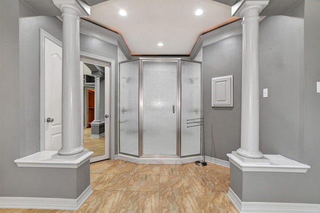 15510 Marble Canyon Way, Houston, TX 77044 - full bathroom featuring decorative columns, a stall shower, and recessed lighting