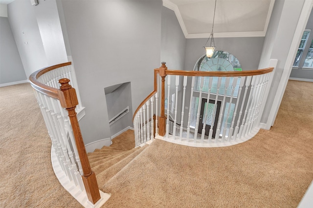 15510 Marble Canyon Way, Houston, TX 77044 - staircase featuring carpet and ornamental molding