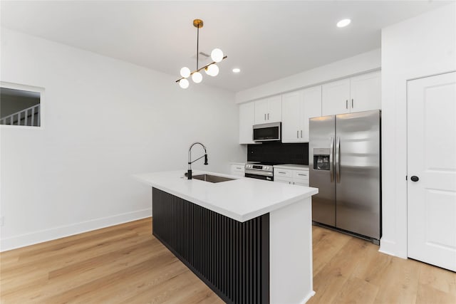 3327 Cornell St Unit A B, Houston, TX 77022 - kitchen with stainless steel appliances, white cabinetry, light wood-style flooring, decorative light fixtures, and light countertops
