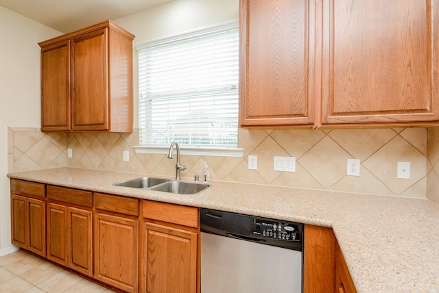 18702 Cypress Loch Dr, Spring, TX 77379 - kitchen with stainless steel dishwasher, light countertops, brown cabinetry, and tasteful backsplash