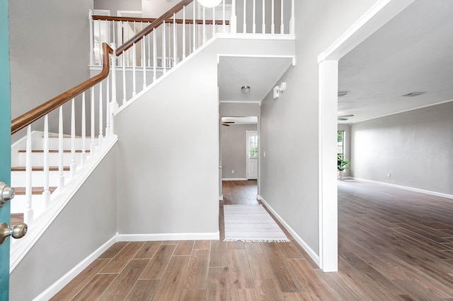 17203 Kettle Creek Dr, Spring, TX 77379 - stairway featuring a ceiling fan and wood finished floors