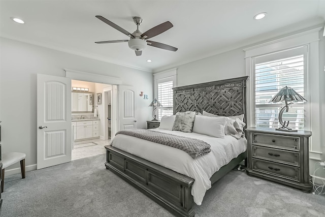 6 Caravelle Ct, Galveston, TX 77554 - bedroom with carpet, recessed lighting, ensuite bathroom, and ceiling fan