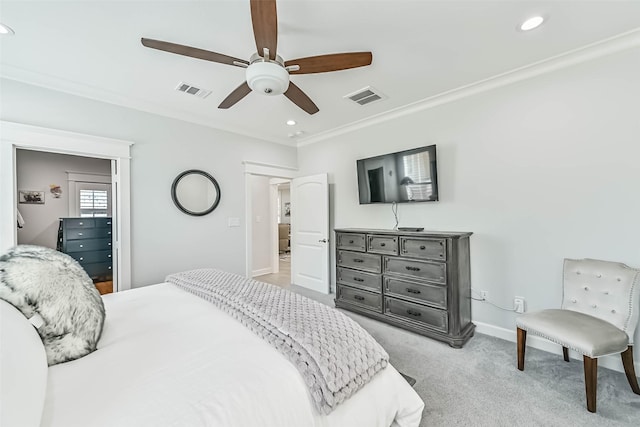 6 Caravelle Ct, Galveston, TX 77554 - bedroom with crown molding, carpet, recessed lighting, and ceiling fan