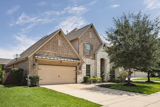 20102 Three Chutes Ln, Cypress, TX 77433 - french country style house with an attached garage, a front lawn, concrete driveway, brick siding, and stone siding
