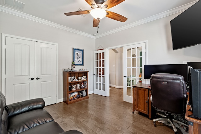 20102 Three Chutes Ln, Cypress, TX 77433 - home office with french doors, ornamental molding, dark wood-style floors, and a ceiling fan