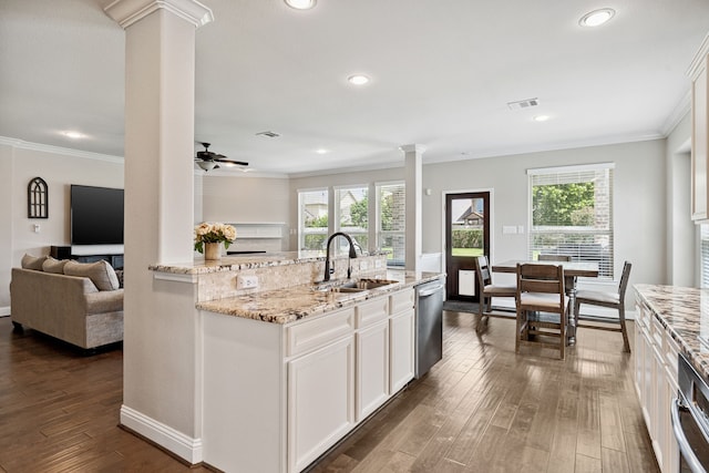 20102 Three Chutes Ln, Cypress, TX 77433 - kitchen with ornate columns, stainless steel dishwasher, dark wood-type flooring, ornamental molding, and plenty of natural light