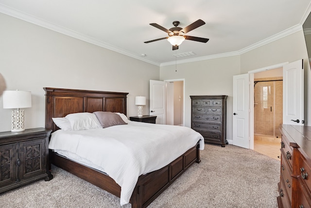20102 Three Chutes Ln, Cypress, TX 77433 - bedroom featuring ornamental molding, light colored carpet, a ceiling fan, and connected bathroom
