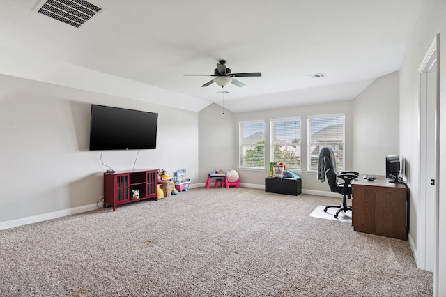 20102 Three Chutes Ln, Cypress, TX 77433 - office area featuring carpet flooring, ceiling fan, and vaulted ceiling