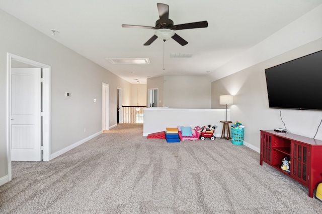 20102 Three Chutes Ln, Cypress, TX 77433 - rec room featuring ceiling fan, carpet floors, and attic access